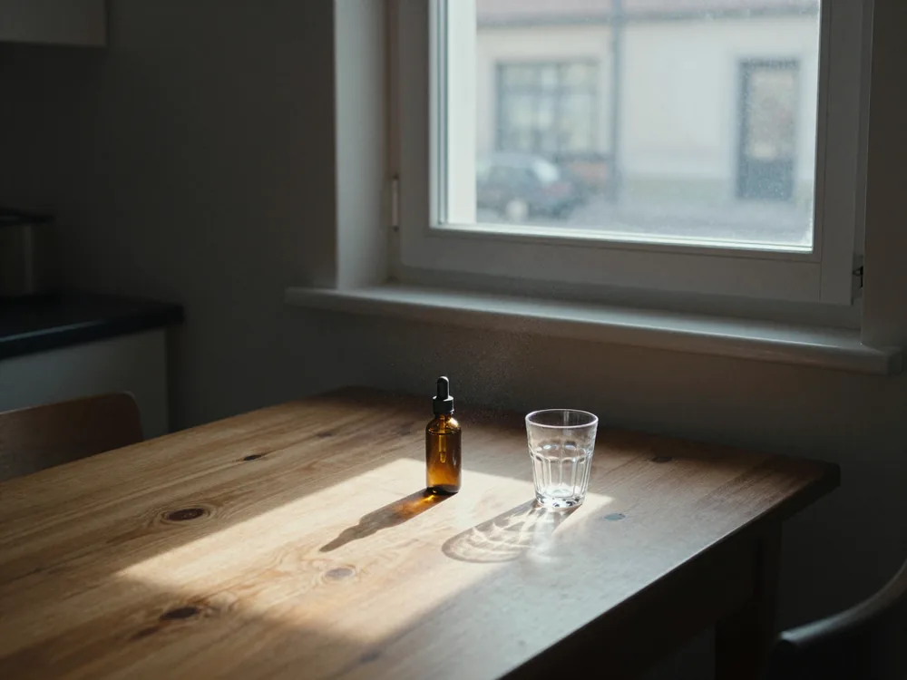 Un raggio di sole invernale sul tavolo di cucina, con una boccetta di gocce