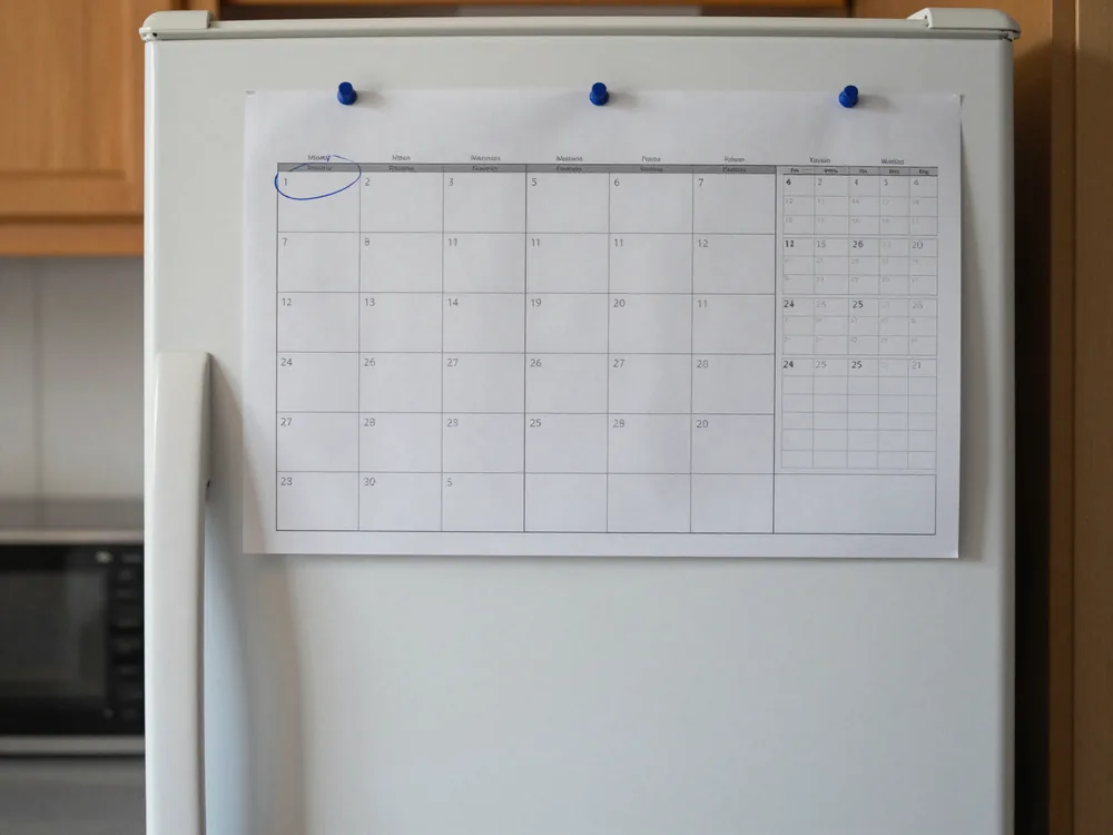 Un calendario appeso al frigorifero con dei giorni cerchiati a penna