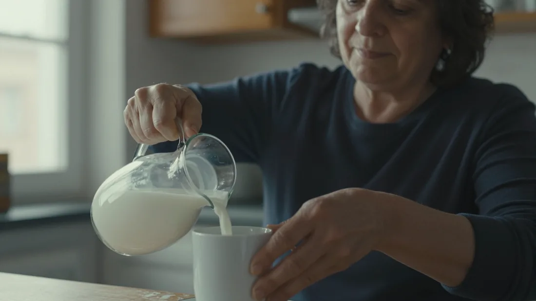 Mani che versano il latte in una tazza sul piano della cucina