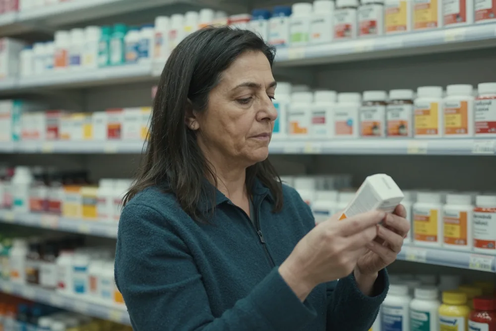 Una donna legge il retro di una confezione davanti allo scaffale della farmacia