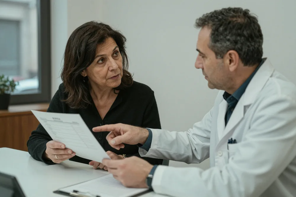 Una donna indica una riga delle analisi al medico, dall'altra parte della scrivania