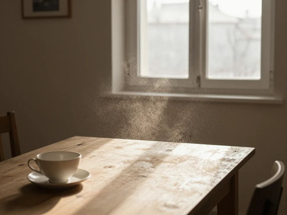 Raggio di sole invernale su un tavolo di cucina