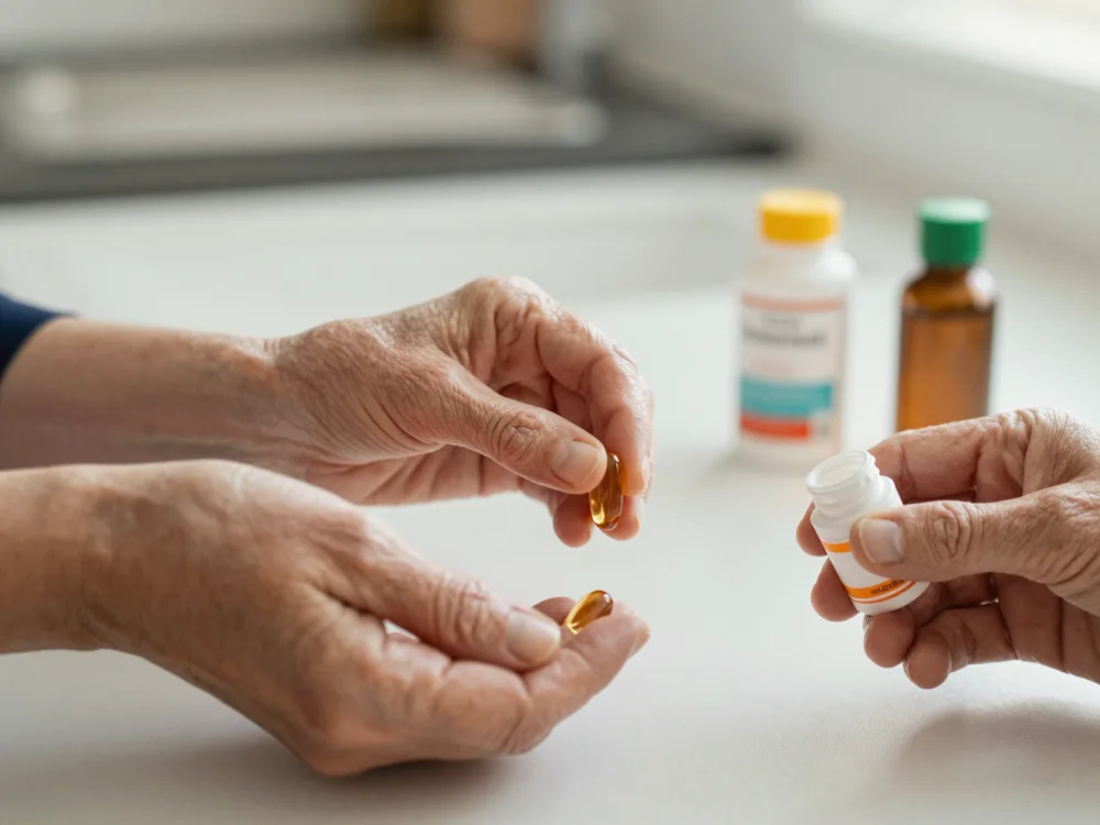 Mani che contano le gocce di vitamina D in un cucchiaio