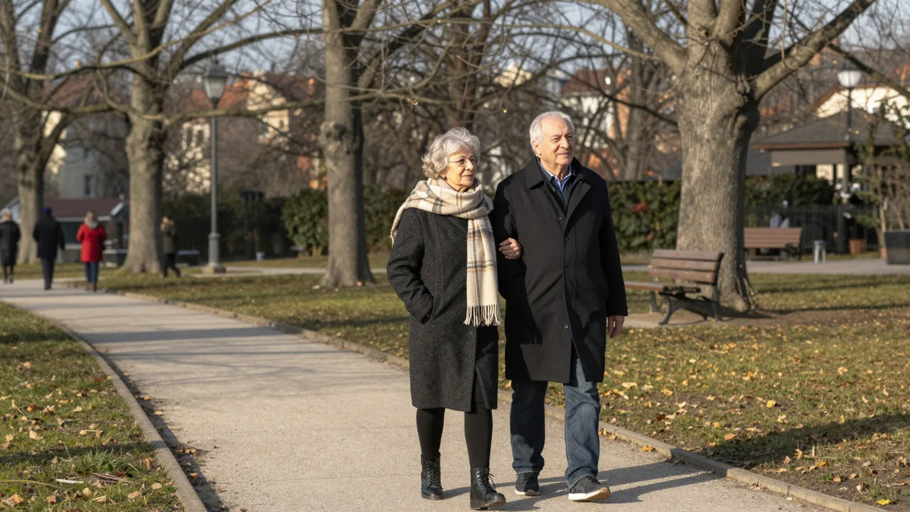 Coppia di 55 anni a passeggio in un parco d'inverno