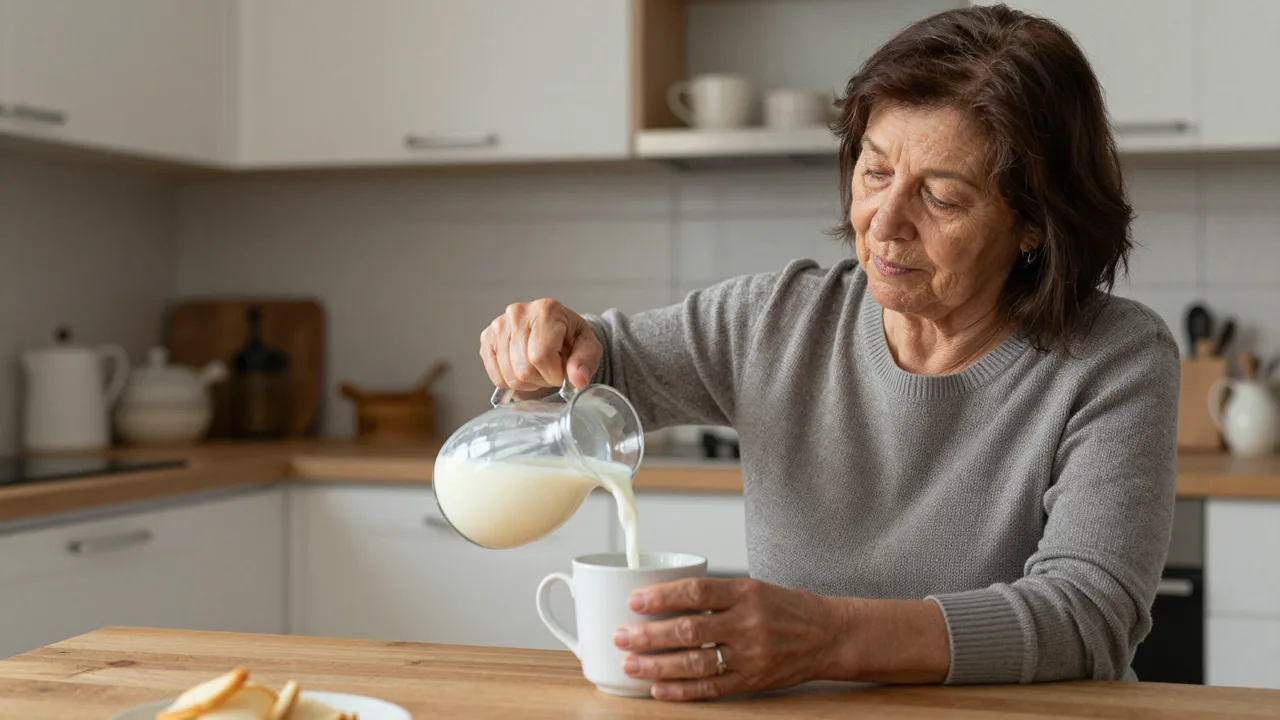 Mani che versano il latte in una tazza in cucina, al mattino