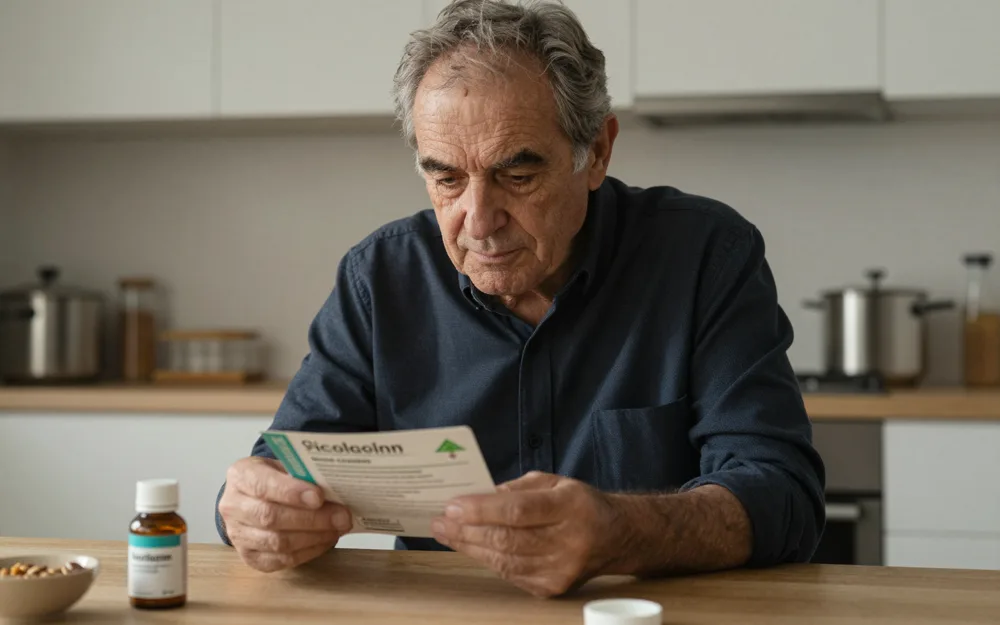 Uomo di 55 anni in cucina che legge il foglietto illustrativo